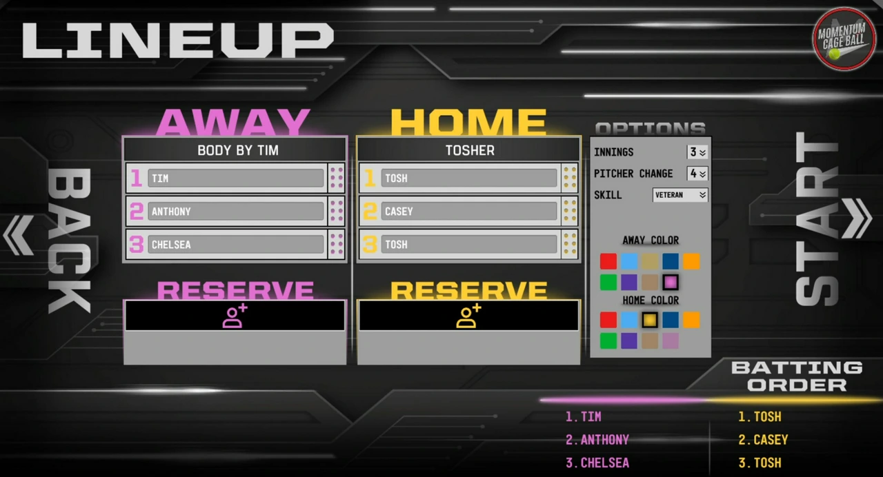 Cageball lineup screen